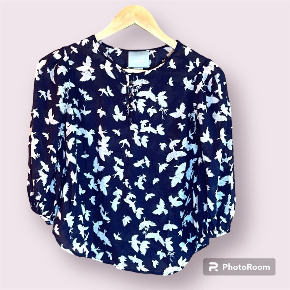 Maeve Navy and White Bird-Print Blouse